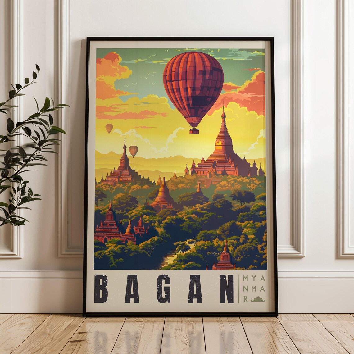 Bagan Myanmar Temples Hot Air Balloon Sunset View Travel Poster