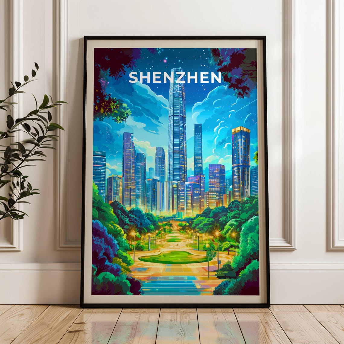 Shenzhen China Night Skyline Glowing Skyscraper City Lights Poster