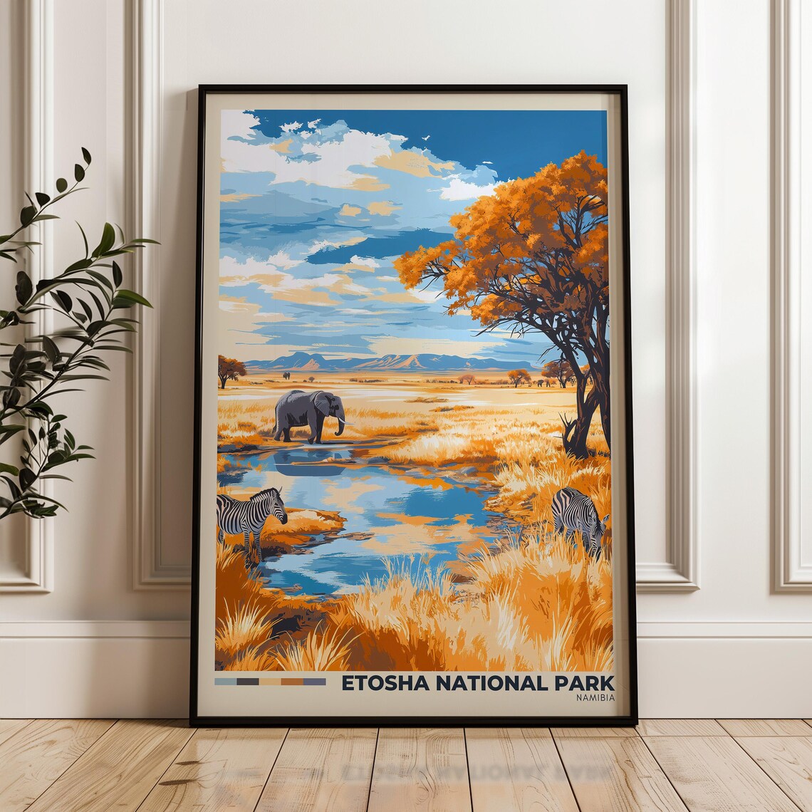 Etosha National Park Namibia Elephant Zebra Wildlife Travel Poster