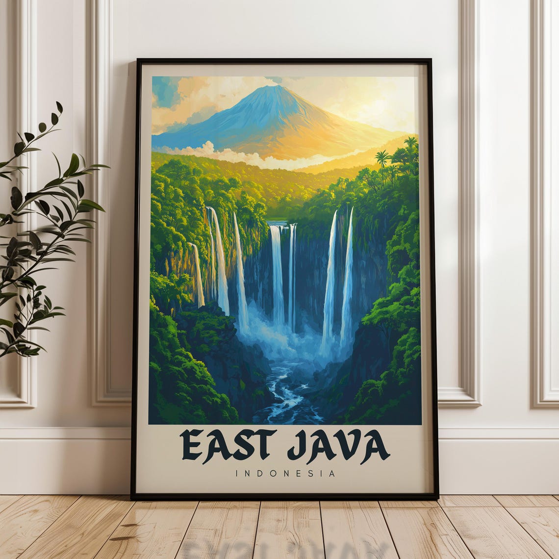 East Java Indonesia Volcano Waterfall Panorama Travel Poster
