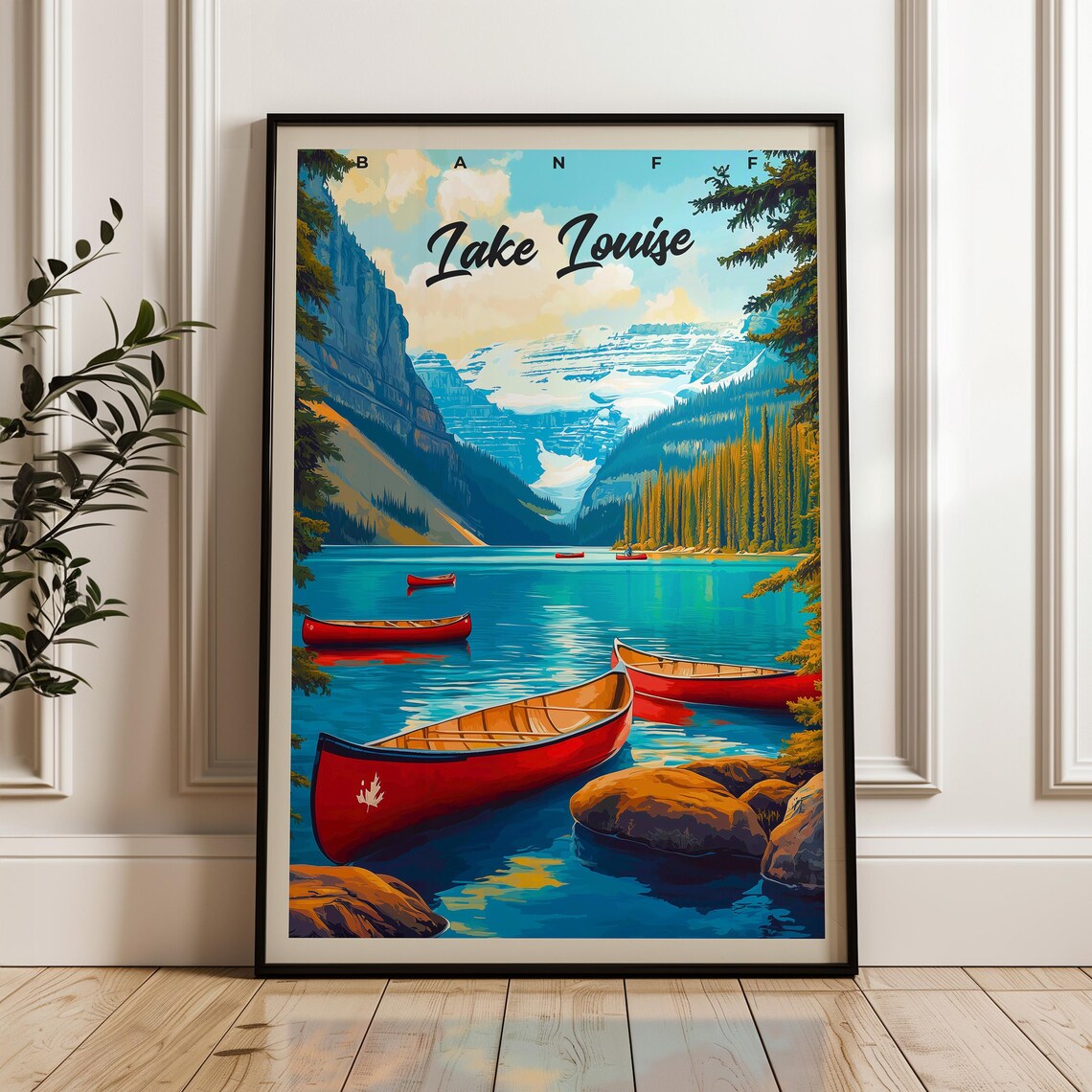 Lake Louise Banff Red Canoes Turquoise Lake Glacier View Poster