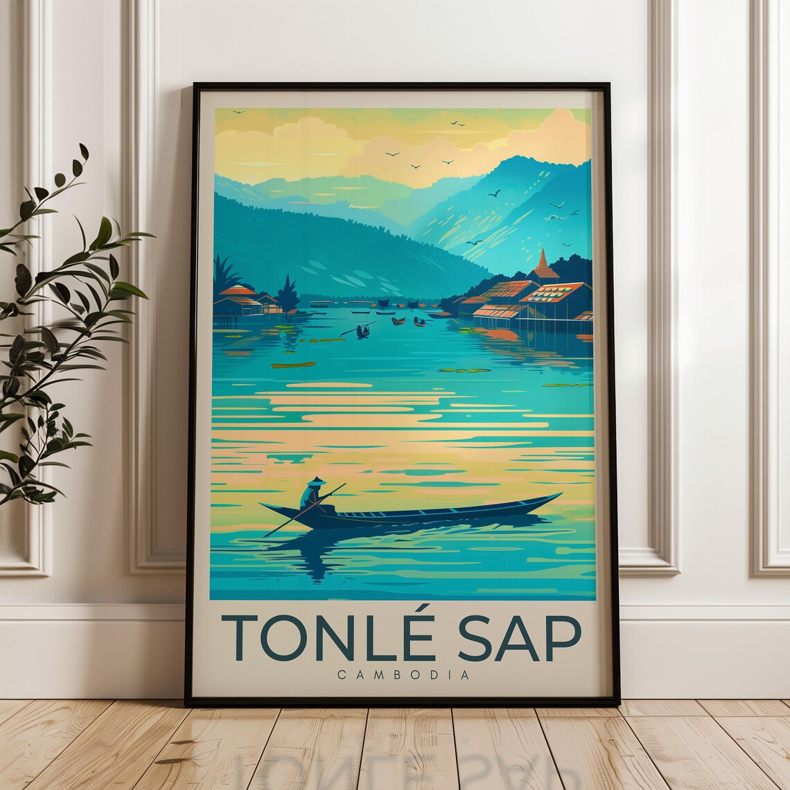 Tonle Sap Cambodia Lake Fisherman Boat Floating Village Travel Poster