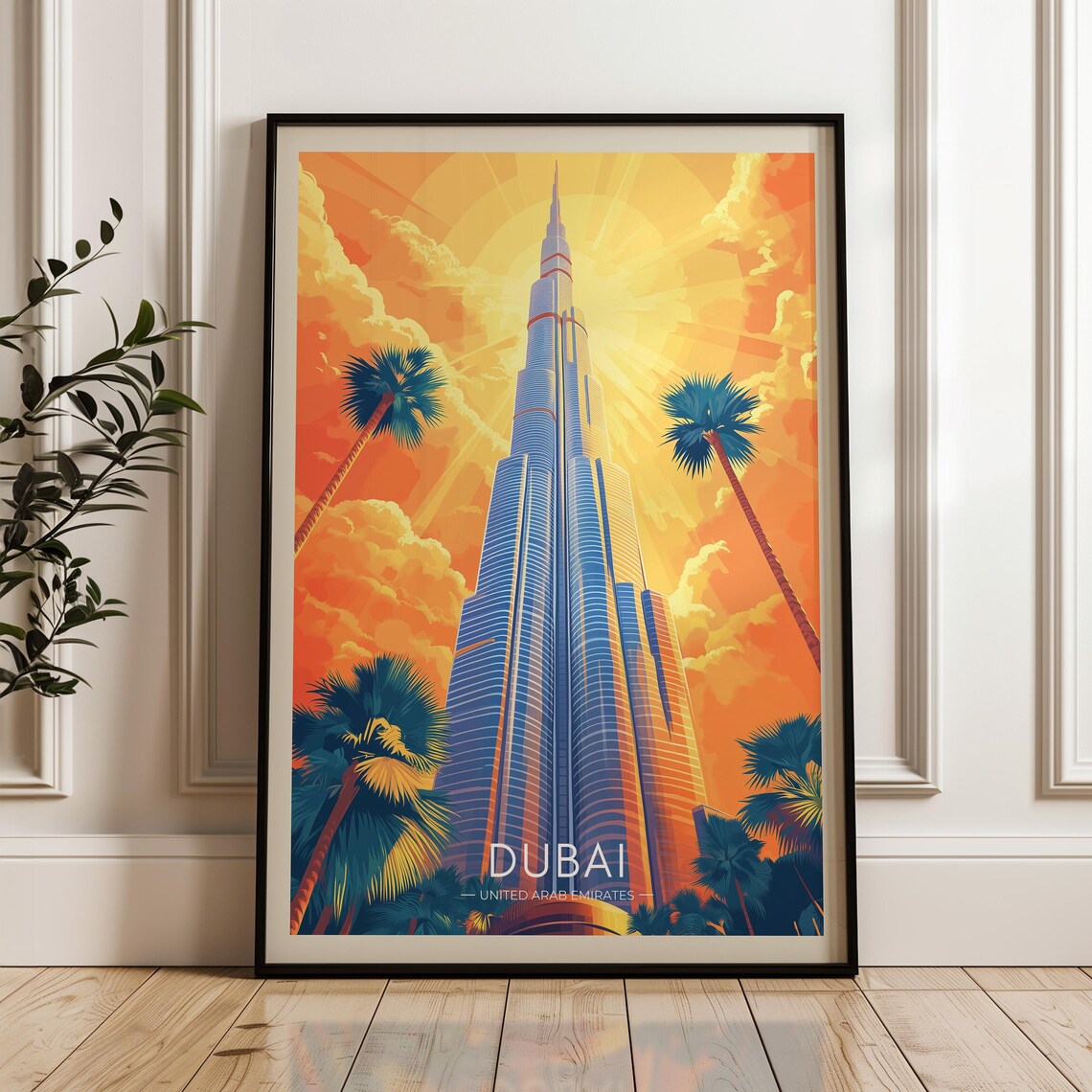 Burj Khalifa Rising into a Golden Sunrise Sky Dubai UAE Travel Poster