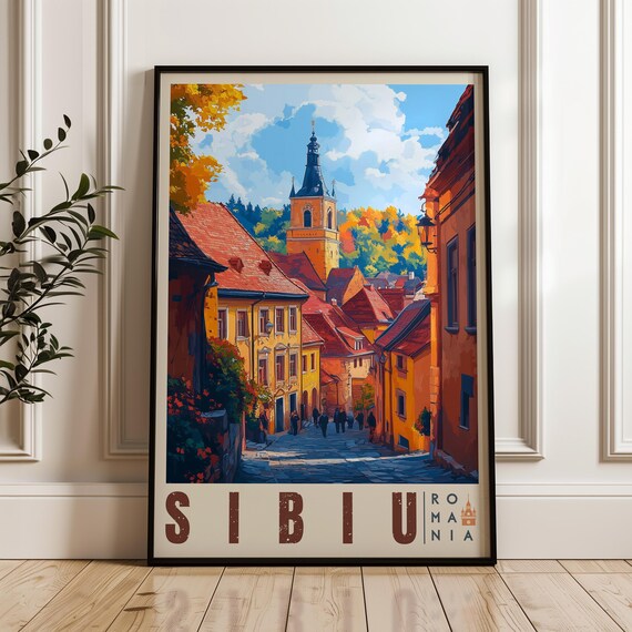 Sibiu Romania Travel Poster Balkan Illustration Art