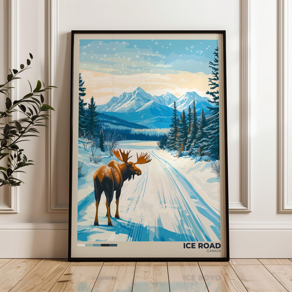 Ice Road Canada Falling Snow Moose Pine Forest Travel Poster