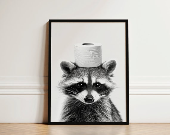 Raccoon Bathroom Print Funny Art Toilet Paper Wall Mens Animal