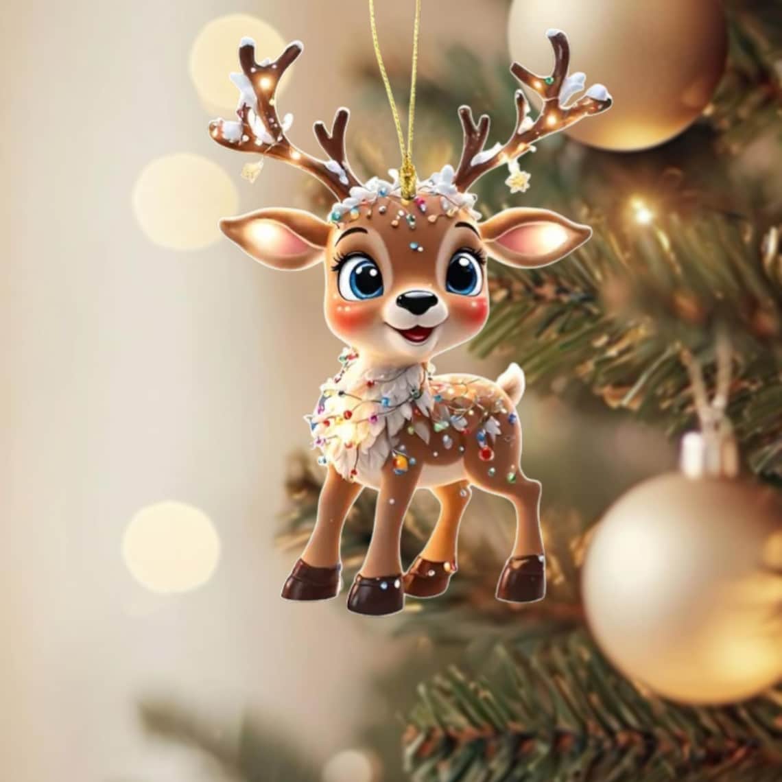 Baby Reindeer Wrapped In Fairy Lights Cute Christmas Ornament Poster
