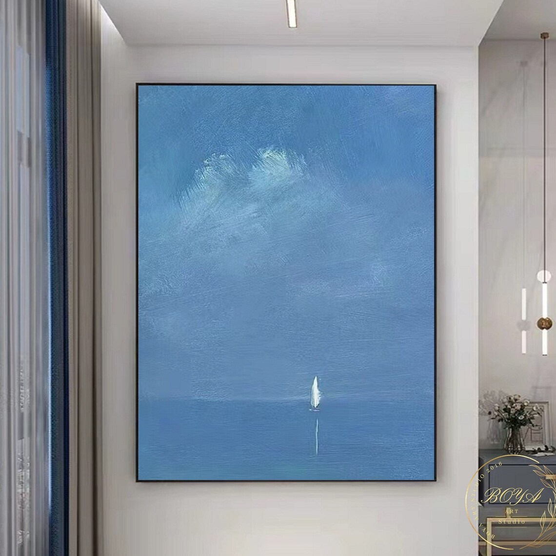 Minimalist Blue Seascape Sailboat Coastline Art Print