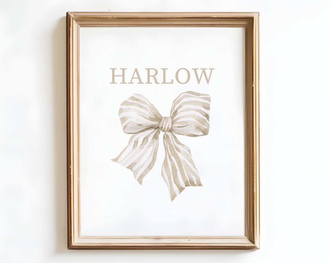 Harlow Personalized Name Beige Striped Bow Nursery Decor Poster