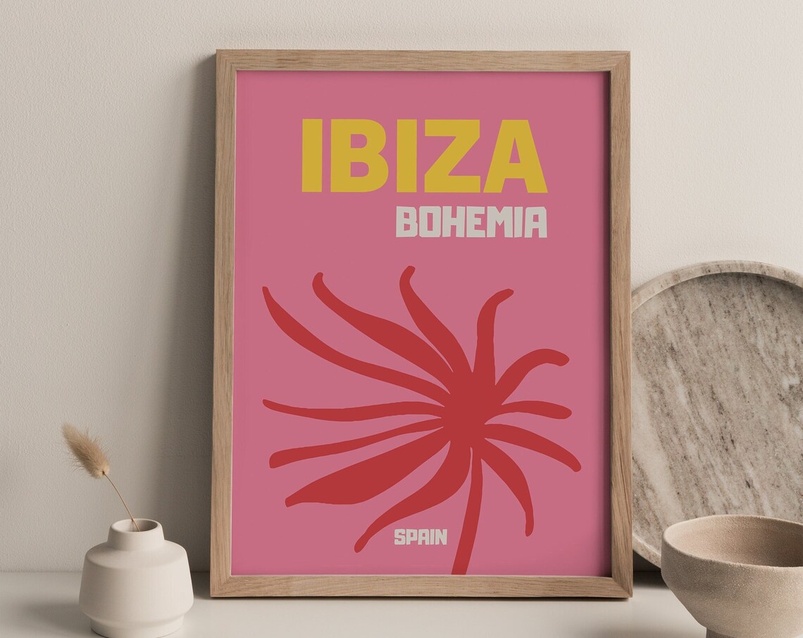 Ibiza Bohemia Pink Yellow Palm Spain Boho Beach Travel Poster