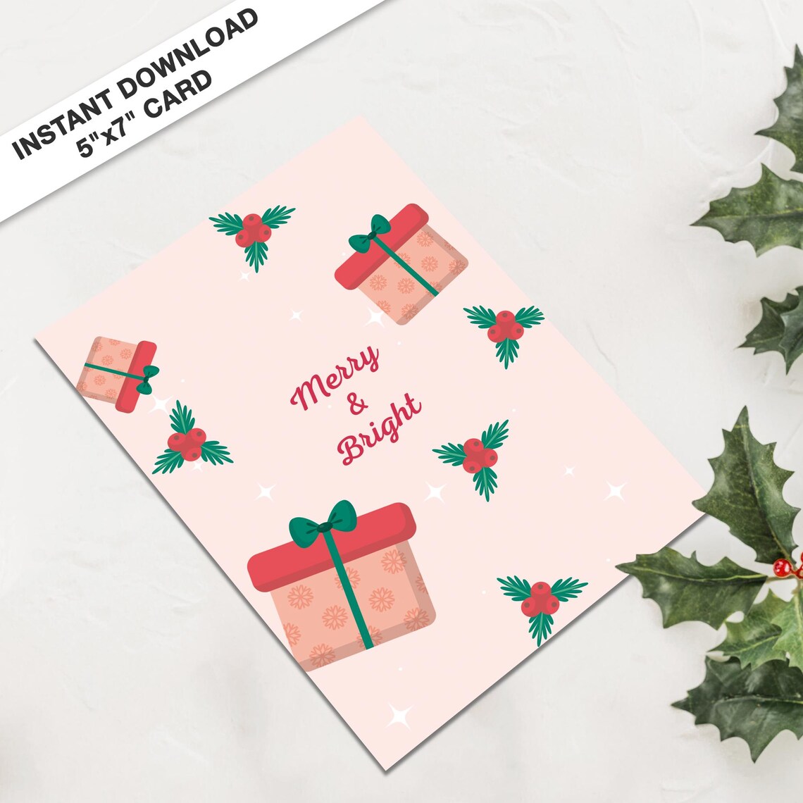 Merry And Bright Gifts and Holly Christmas Card Download Poster - Image 3