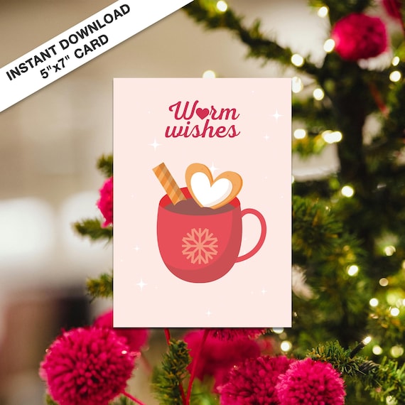 Warm Wishes Red Cocoa Mug Instant Download Christmas Card Poster