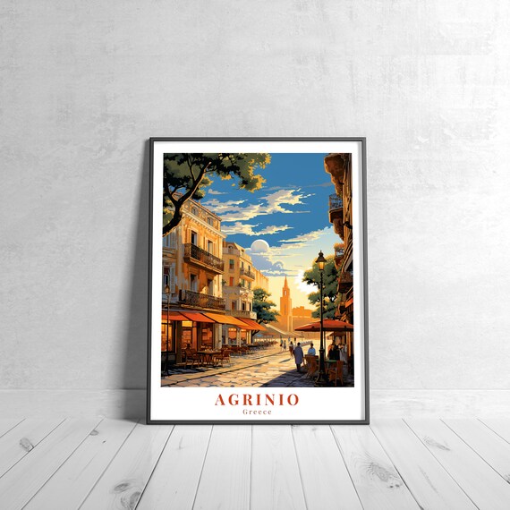 Agrinio Greece Sunny Town Street Retro Travel Illustrated Poster