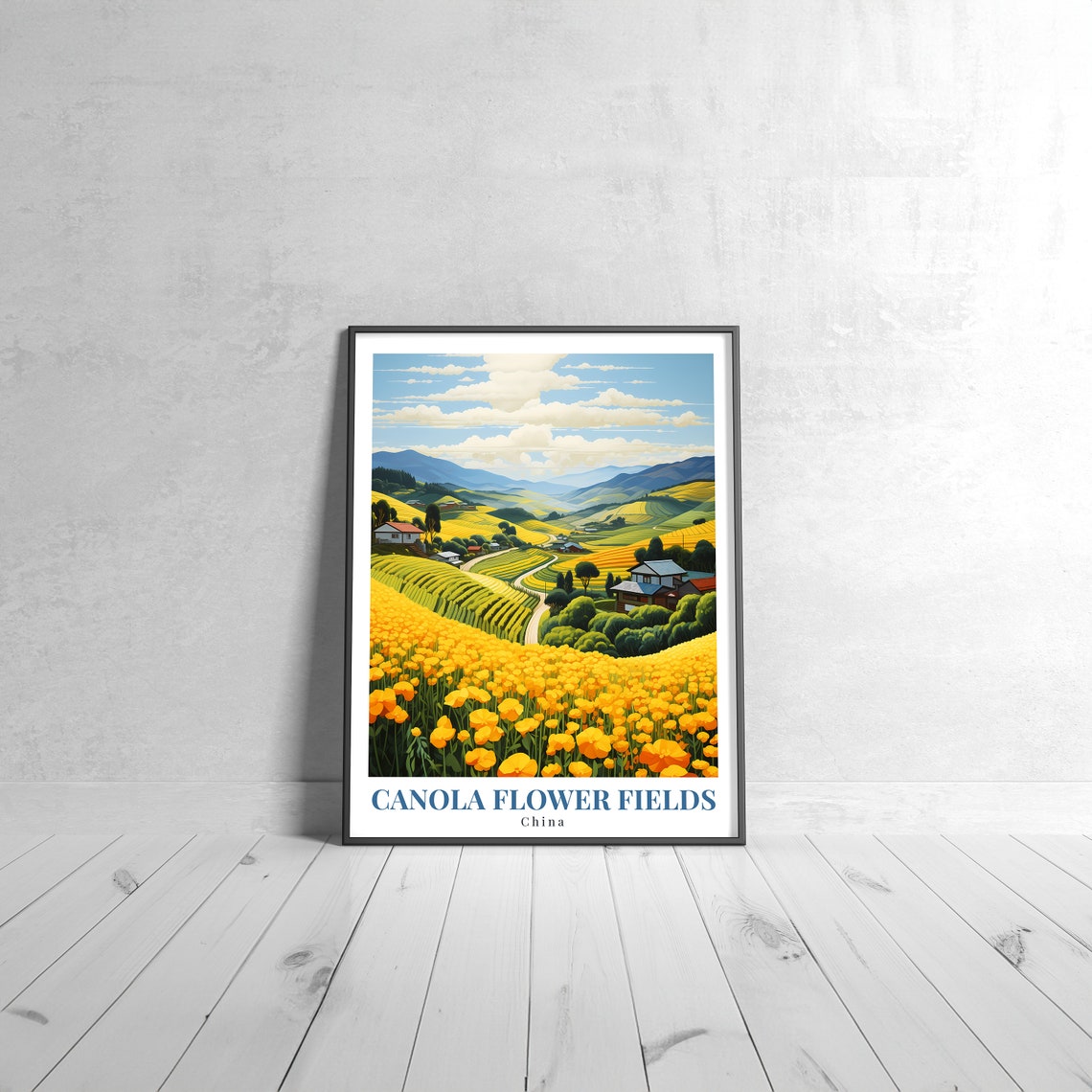 Canola Flower Fields China Golden Yellow Hills Travel Poster