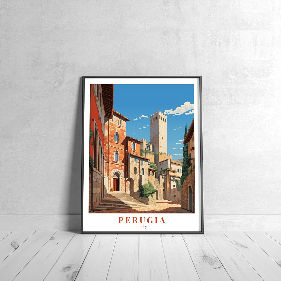Perugia Italy Medieval Street Stone Tower Vintage Travel Poster