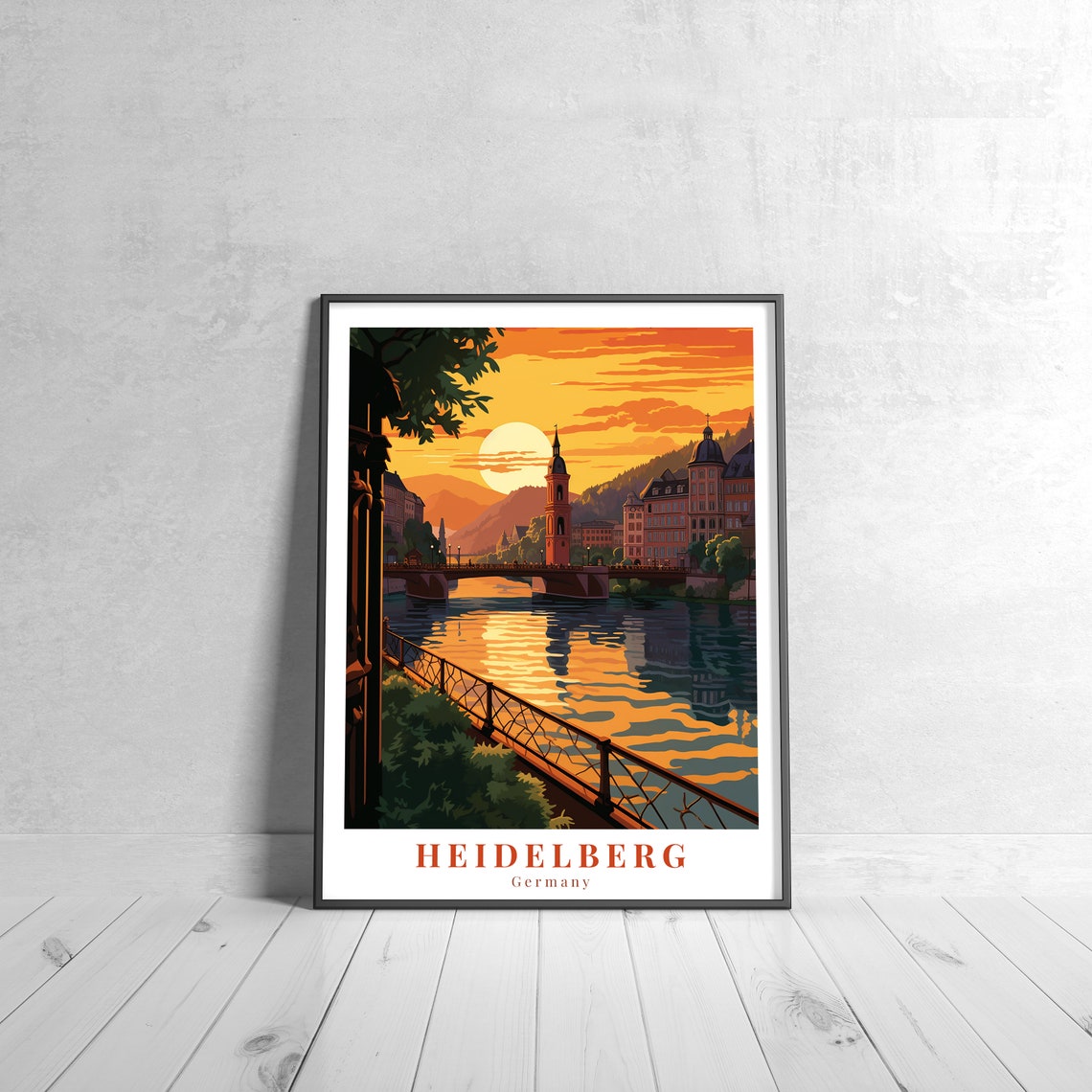 Heidelberg Germany Old Bridge Sunset River Castle Travel Art Poster
