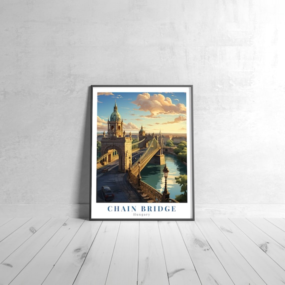 Chain Bridge Hungary Vintage Travel Poster Budapest Sunset River Scene