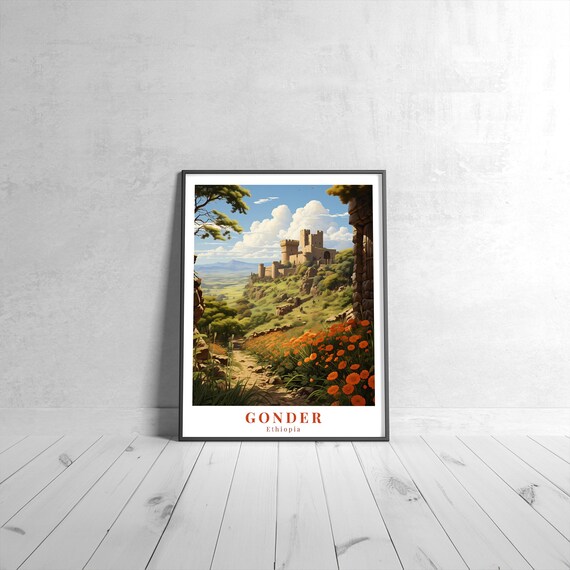 Gonder Ethiopia Vintage Travel Poster With Castle And Orange Flowers