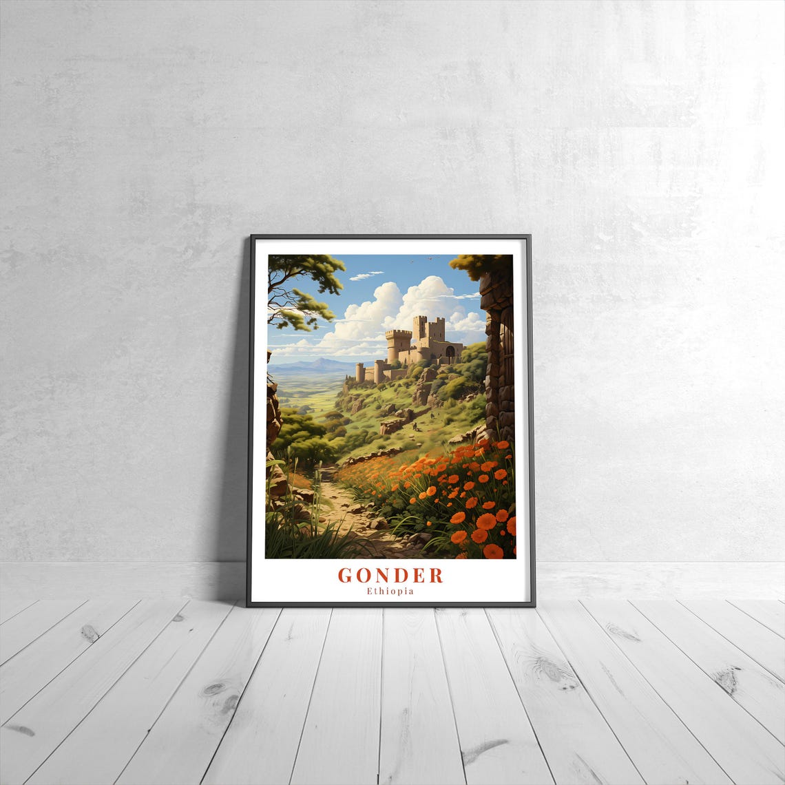 Gonder Ethiopia Vintage Travel Poster With Castle And Orange Flowers
