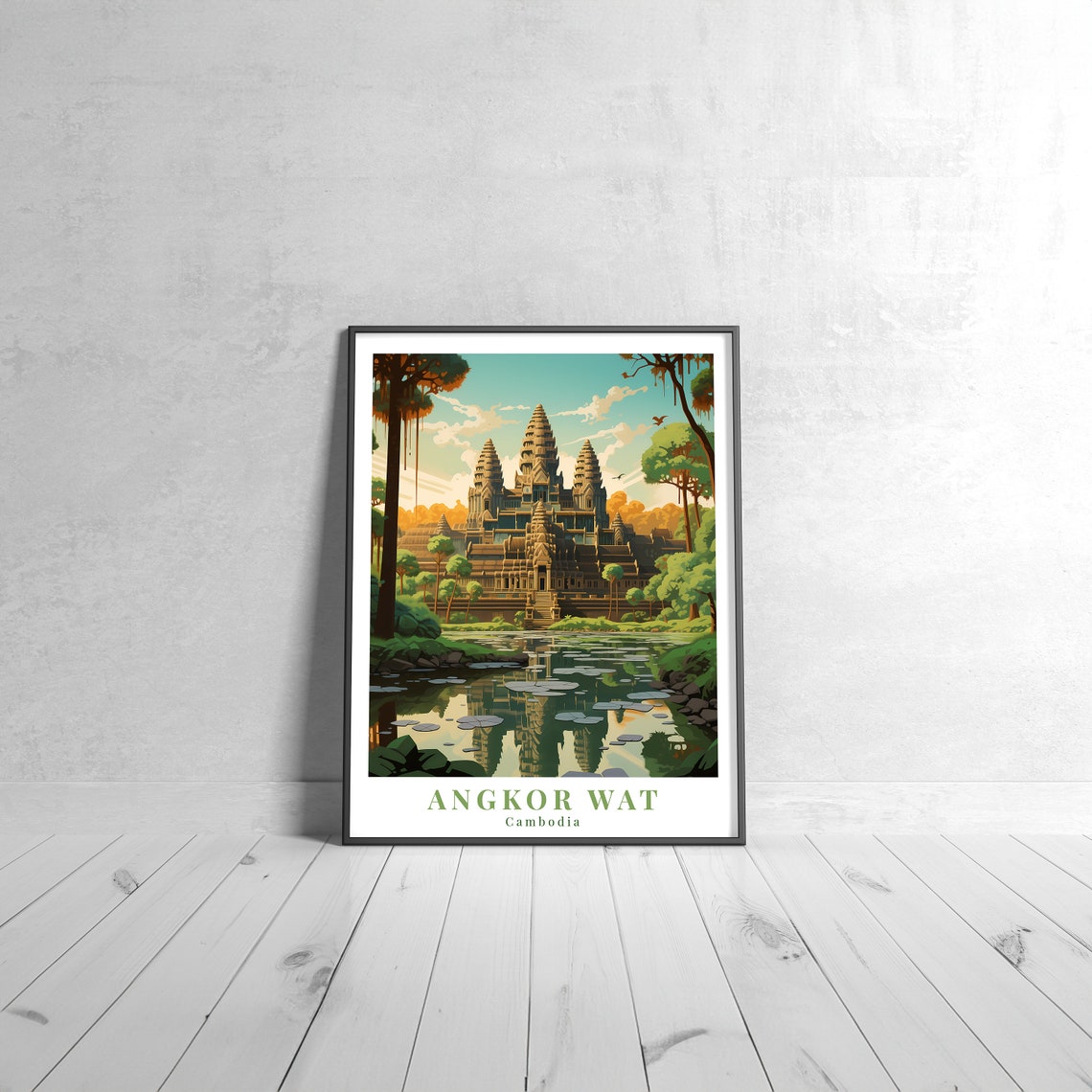 Angkor Wat Cambodia Vintage Travel Poster of Temple Reflection