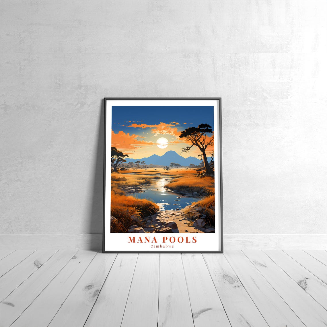 Mana Pools Zimbabwe African Safari Sunset Vintage Travel Poster