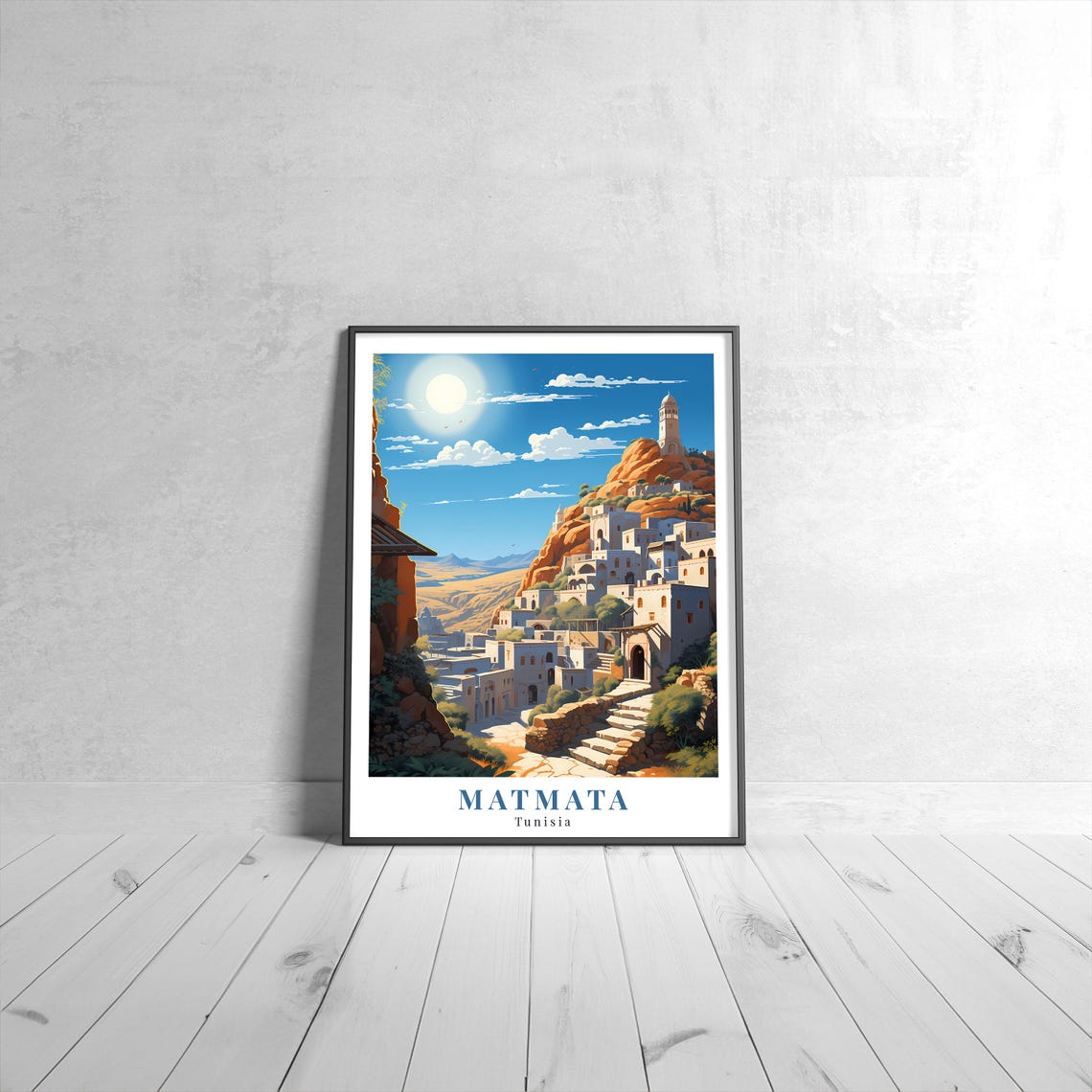 Matmata Tunisia Whitewashed Hill Village Sunny Vintage Travel Poster