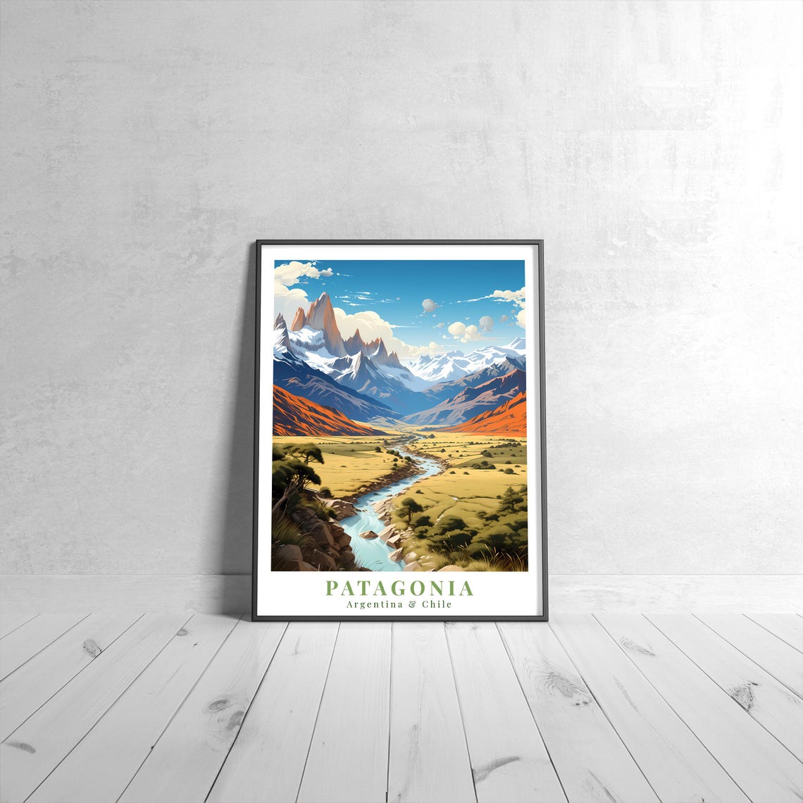 Patagonia Argentina and Chile Mountain Valley River Travel Poster