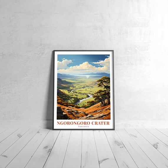 Ngorongoro Crater Tanzania Travel Poster Safari Valley River Acacia Tree Art
