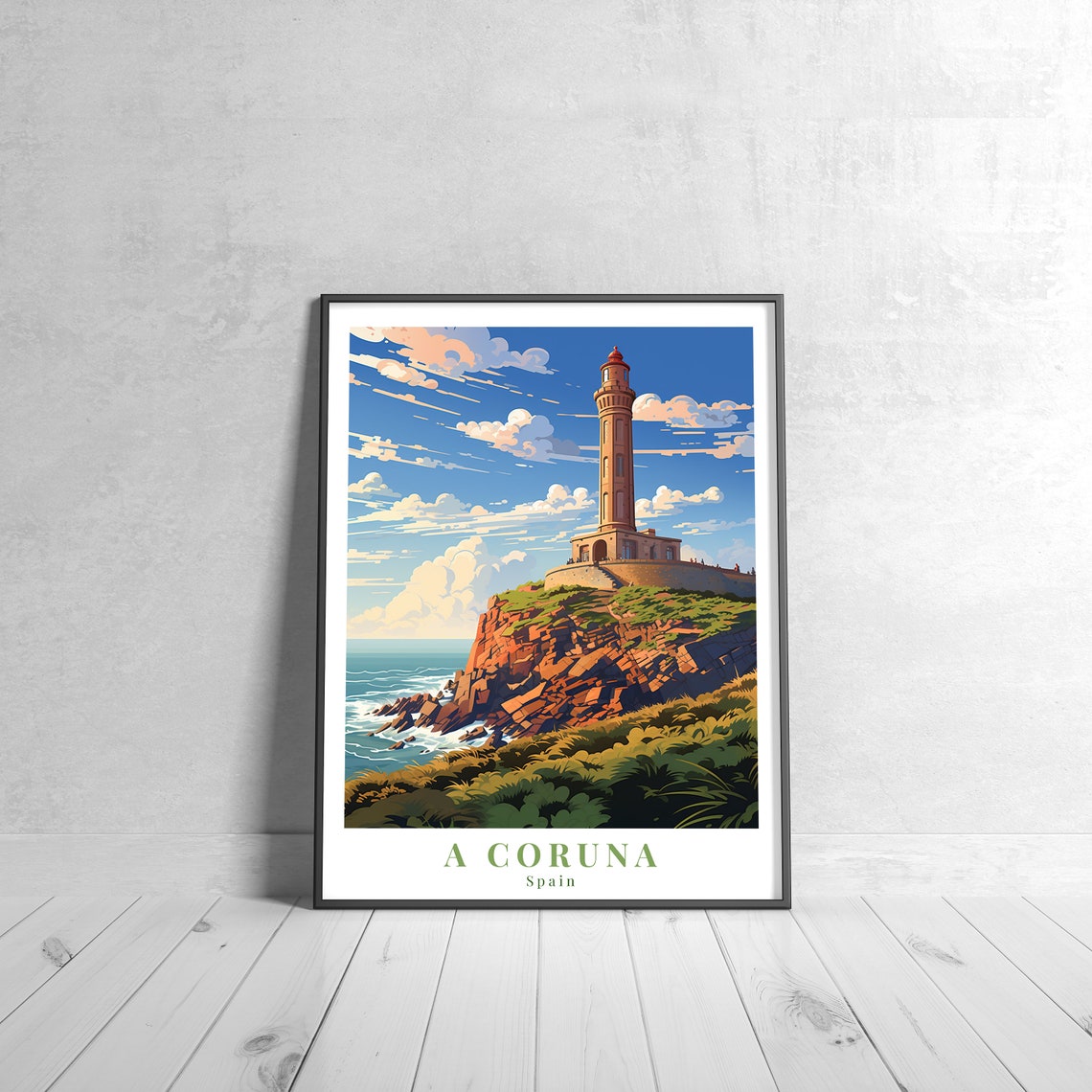 A Coruna Lighthouse Rocky Cliffs Vintage Spain Coastal Travel Poster