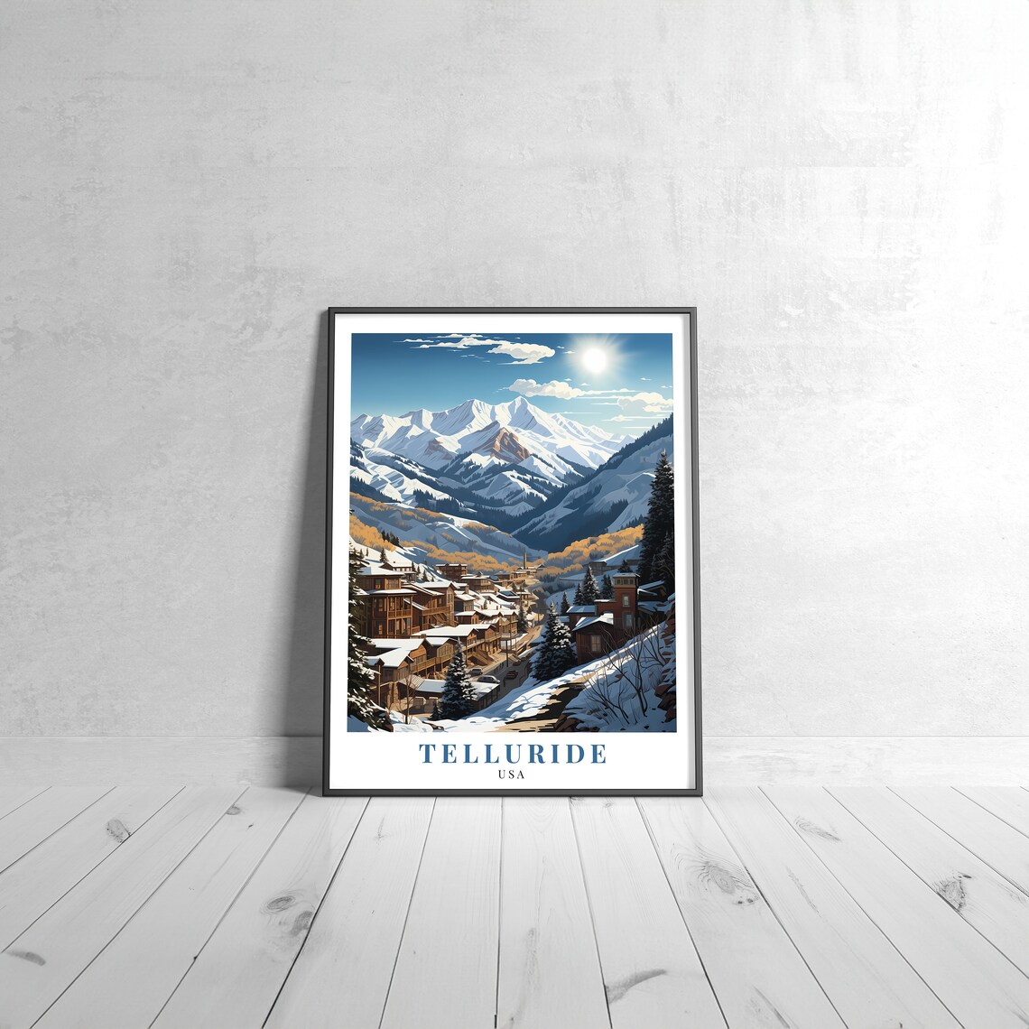 Telluride USA Travel Poster Snowy Mountain Town Winter Ski Resort Alpine View Art