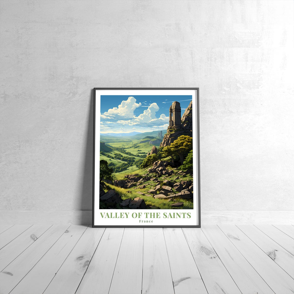 Valley of the Saints France Vintage Travel Poster with Stone Tower