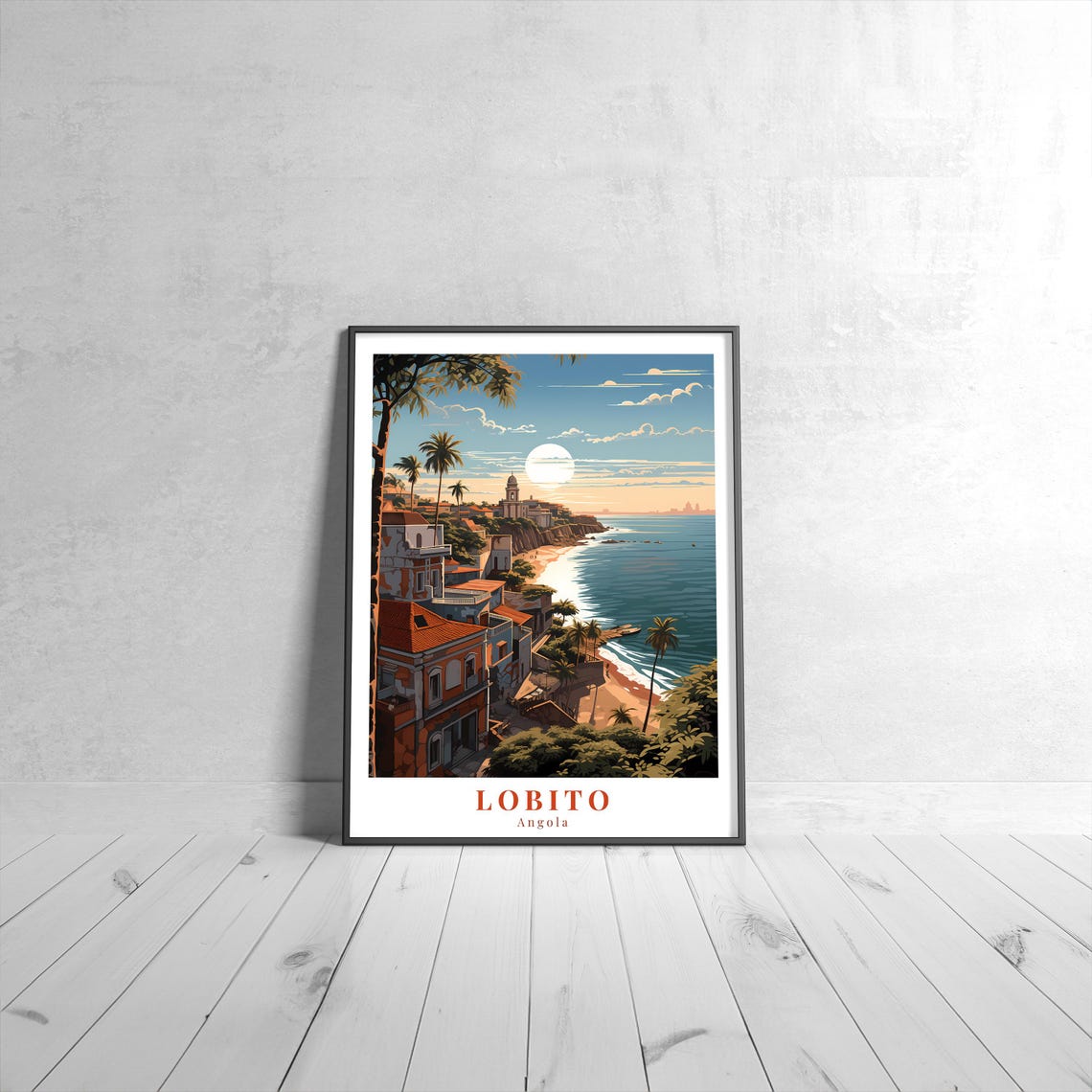 Lobito Angola Coastal City Sunset Scene Vintage Travel Poster