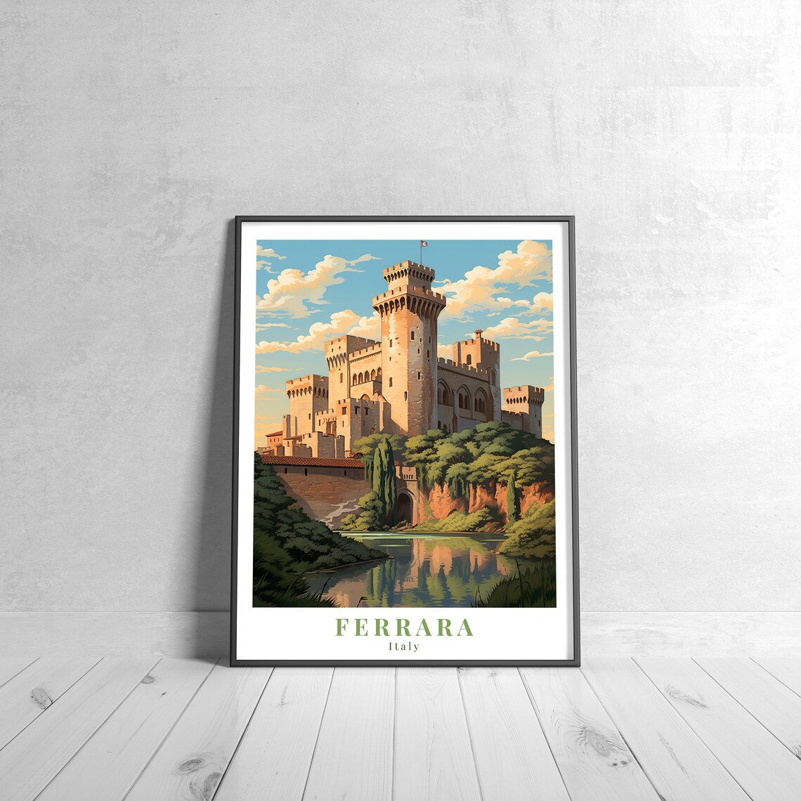 Ferrara Italy Vintage Travel Poster Medieval Castle River Reflection Historic View
