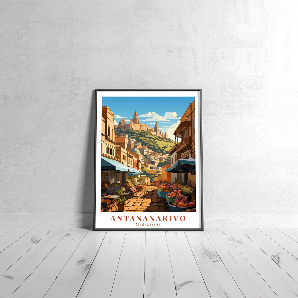 Antananarivo Madagascar Vintage Travel Poster Market Street Illustration