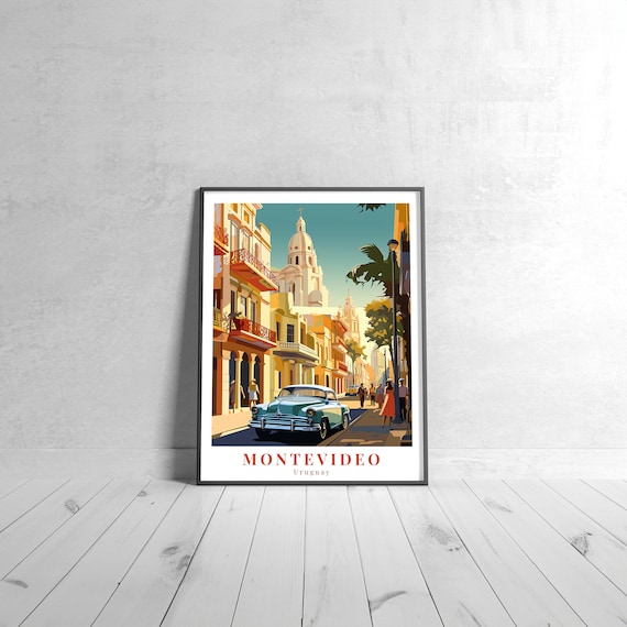 Montevideo Uruguay Colonial Street Classic Car Cathedral Travel Poster