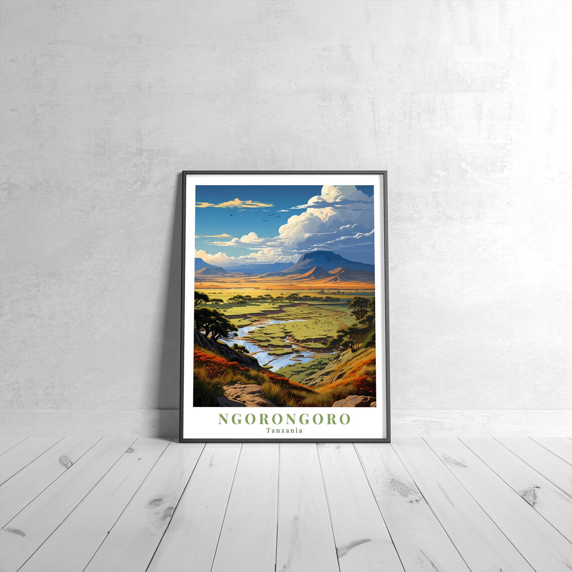 Ngorongoro Tanzania Vintage Travel Poster of Savanna and River Valley