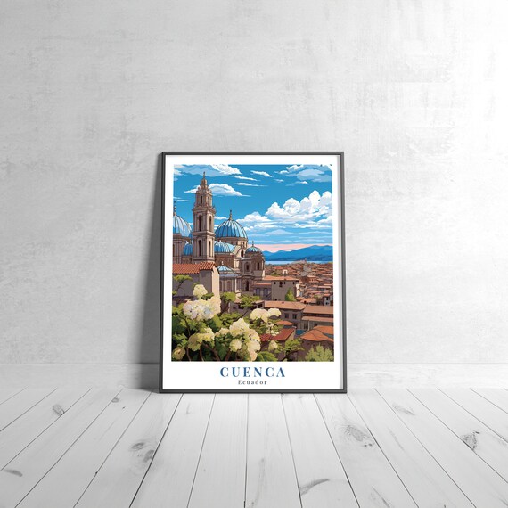Cuenca Ecuador Blue Domed Cathedral Old Town Vintage Travel Poster