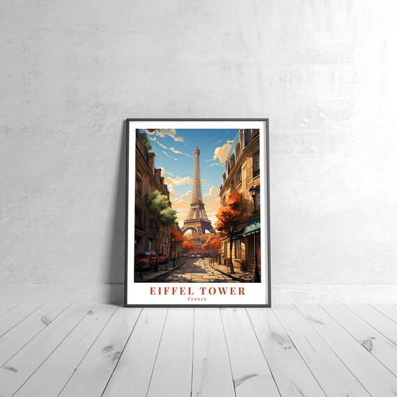 Eiffel Tower France Paris Street Autumn Scene Vintage Travel Poster