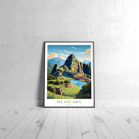 Huascarn Peru Vintage Retro Andean Mountain Citadel Travel Poster