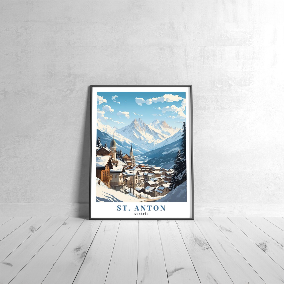 St Anton Austria Snowy Alpine Village Church Spires Vintage Travel Poster