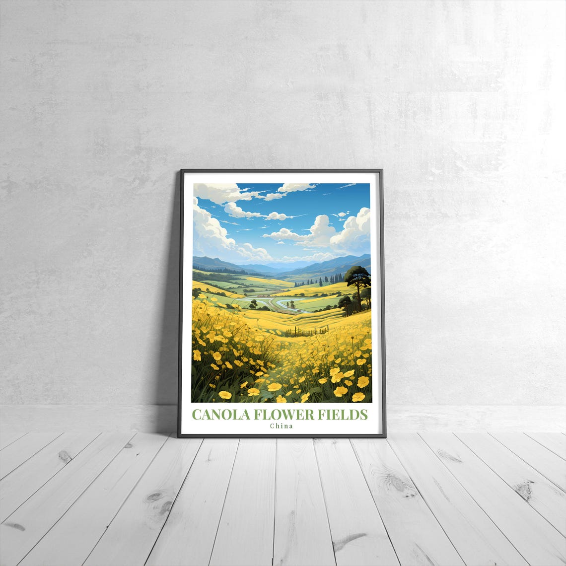 Canola Flower Fields China Golden Mountain Valley Travel Poster