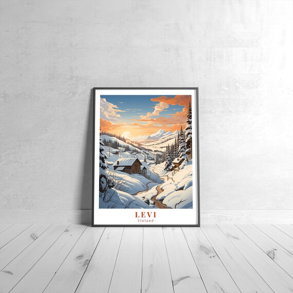 Levi Finland Snowy Mountain Village Winter Vintage Travel Poster