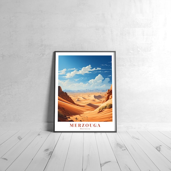 Merzouga Morocco Sand Dunes Gorge Retro Travel Illustrated Poster