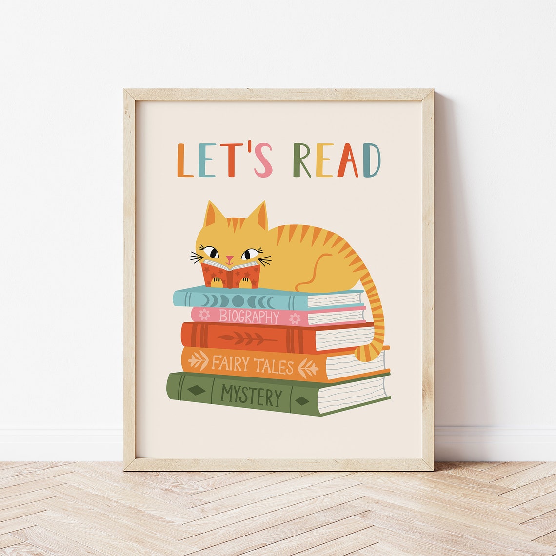 Lets Read Orange Cat on Book Stack Kids Reading Corner Print