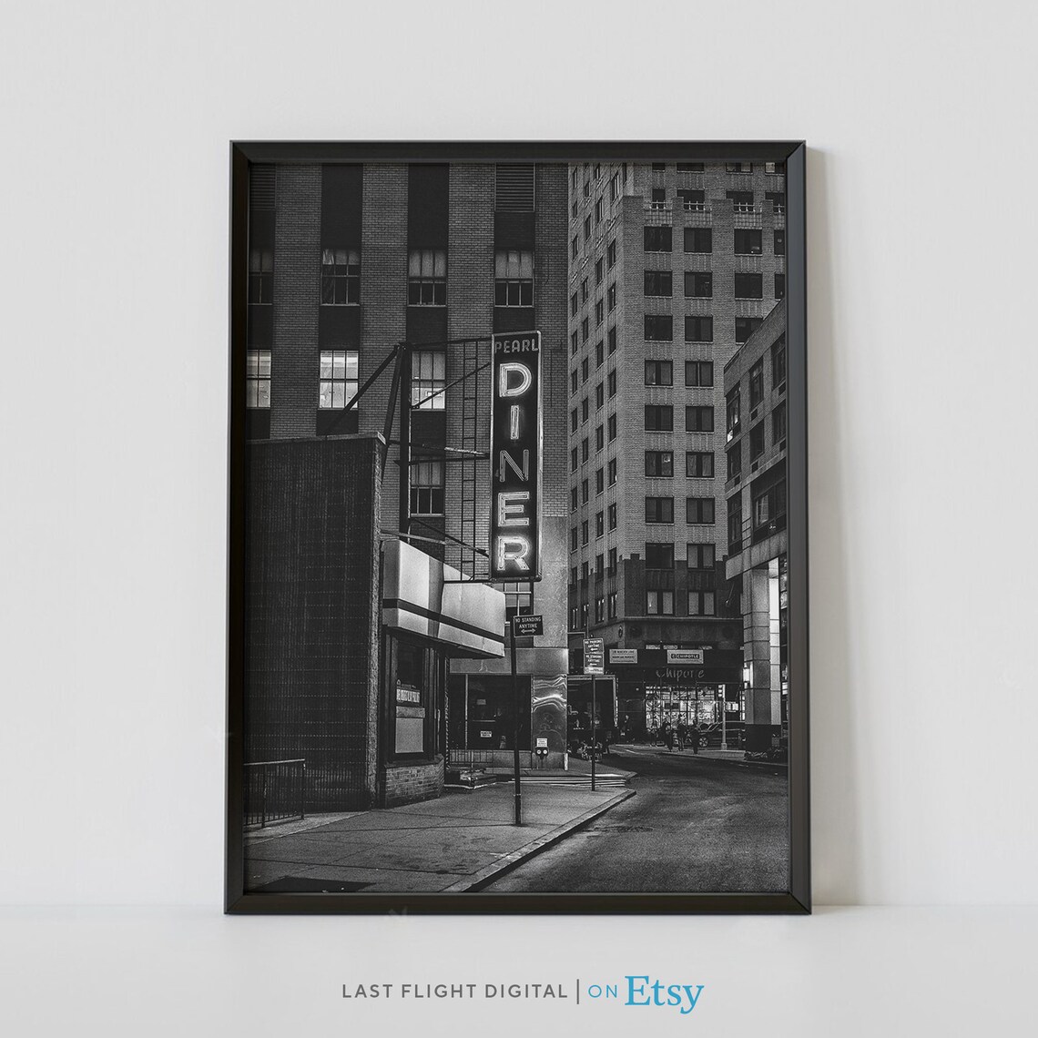 New York City Pearl Diner Neon Sign Street Black White Poster
