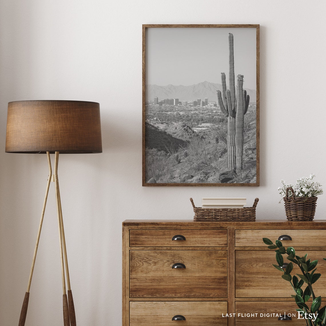 Phoenix Arizona Skyline Saguaro Cactus Desert Black White Poster - Image 3