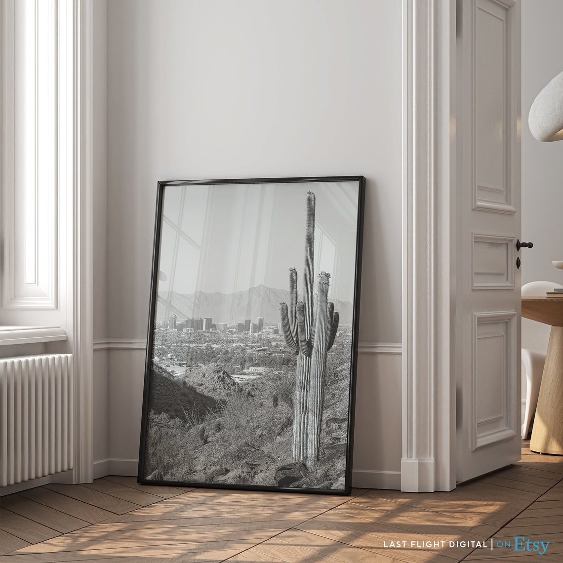 Phoenix Arizona Skyline Saguaro Cactus Desert Black White Poster - Image 2