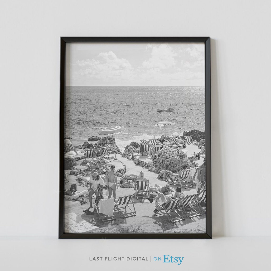 Italy Capri Rocky Beach Umbrellas Coastline Black White Poster