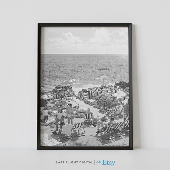 Italy Capri Rocky Beach Umbrellas Coastline Black White Poster
