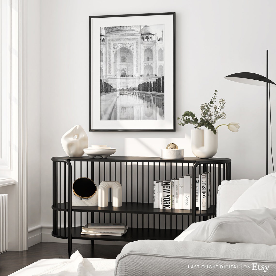 Agra India Taj Mahal Marble Facade Reflection Pool Black White Poster - Image 2